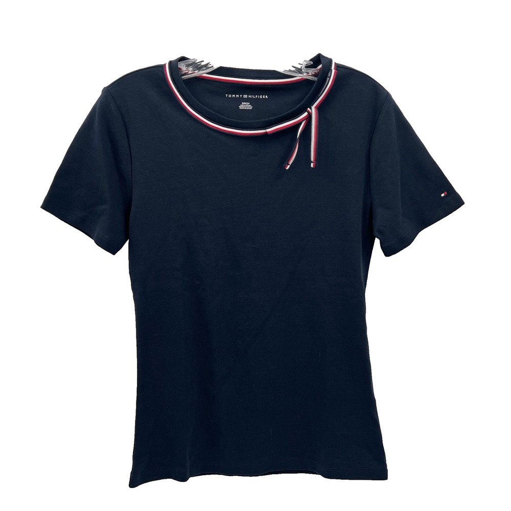 TOMMY HILFIGER Women's Sz S Navy Blue Round Neck Red/White Bow Short-Sleeve Top